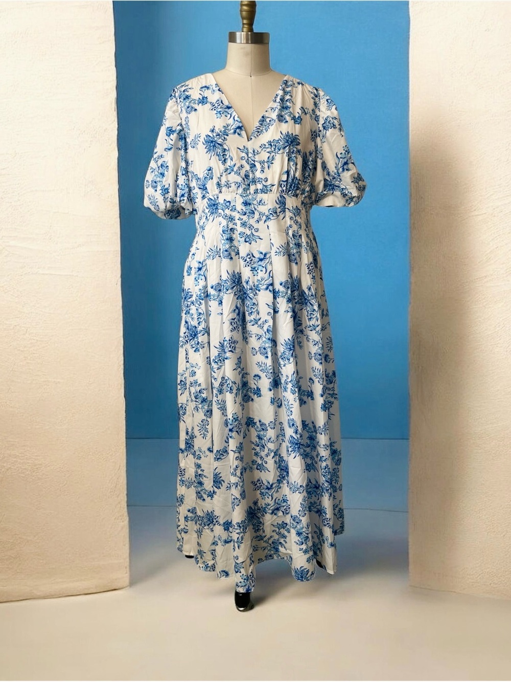 V-Neck White Maxi Dress with Blue Floral Print